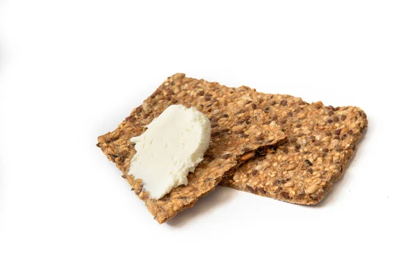 Glutenvrije Platte Brood Crackers Met Sesam Vlas Zonnebloempitten Roomkaas Een — Stockfoto