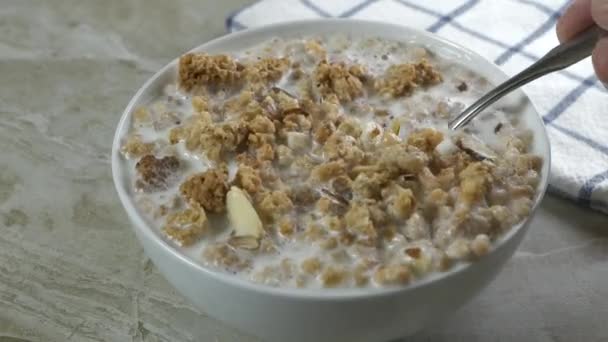 Tomando Uma Colher Granola Uma Tigela Cereal Vista Ângulo Alto — Vídeo de Stock
