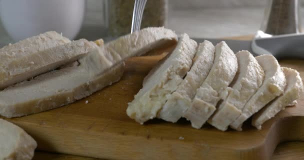 Removing Slice Roasted Chicken Breast Cutting Board — Stock Video