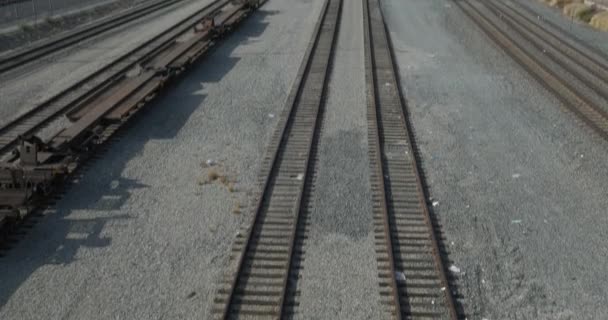 Dos Vías Tren Que Atraviesan Los Patios Del Ferrocarril — Vídeos de Stock