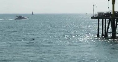 Pasifik Okyanusu 'ndaki bir rıhtımın sonundaki sürat teknesi ve yelkenli. Tropik bir tatil köyü.