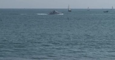 Güzel bir günde Pasifik Okyanusunda yelkenlileri geçen bir sürat teknesi.