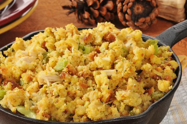 Cornbread stuffing in a cast iron skillet — Stock Photo, Image