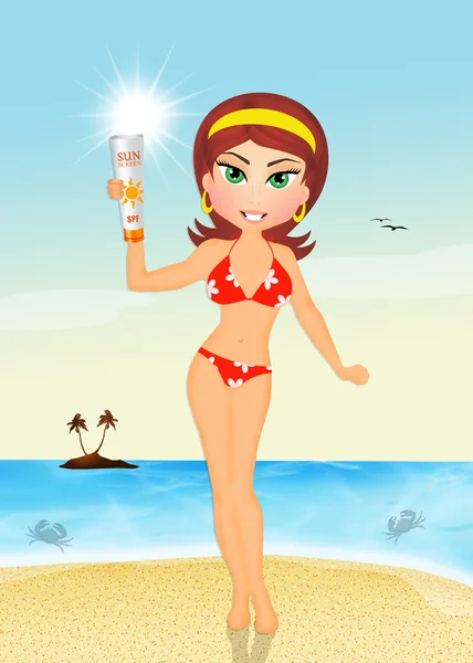 Girl with solar lotion on the beach — Stock Photo, Image