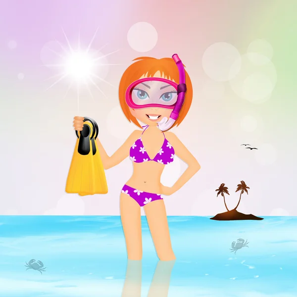 Flicka med scuba mask och fenor — Stockfoto