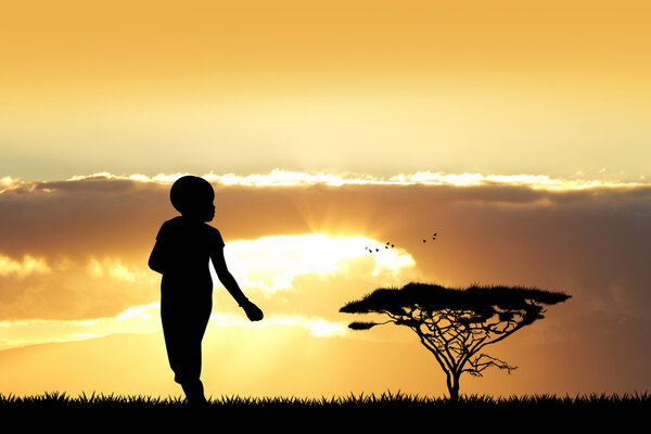 Illustration of African child at sunset