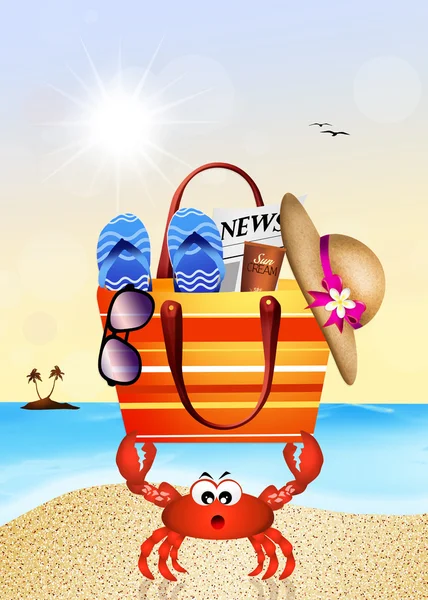 Crab with beach bag — Stock Photo, Image