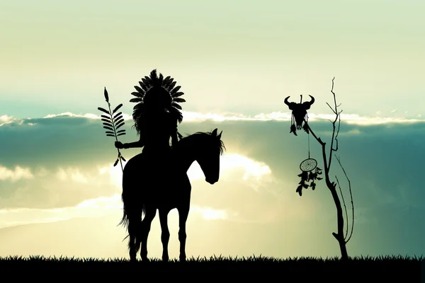 Indian on horse at sunset — Stock Photo, Image