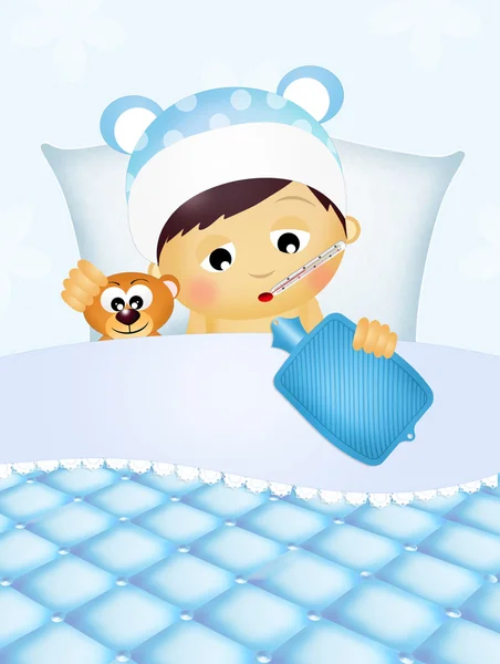 Baby sjuk i sängen — Stockfoto