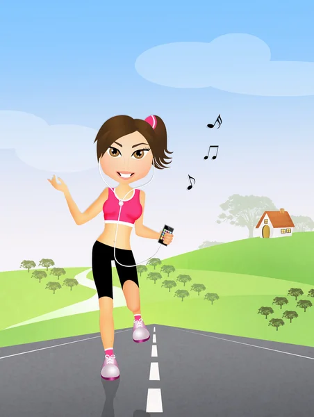 Woman runs with headphones for music — Stock Photo, Image