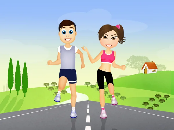 Couple runs with headphones for music on countryside — Stock Photo, Image