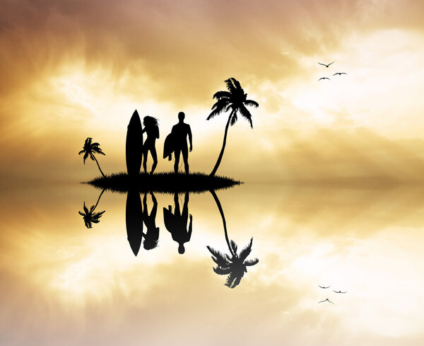Illustration of surfers on the island at sunset