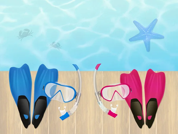 Flippers en scuba masker in de zomer — Stockfoto