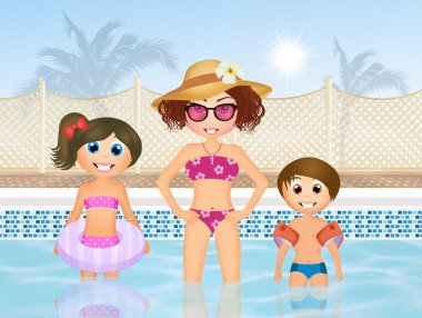 çocuklarla havuzda oynarken anne