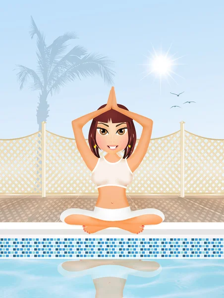 Meisje doet yoga bij het zwembad — Stockfoto