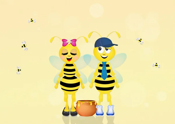 Cute bees with honey — Stock Photo, Image