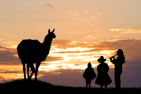 Peruansk familj och lamor — Stockfoto