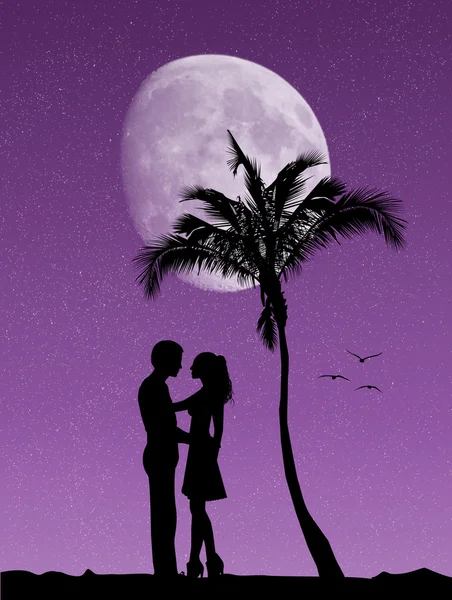情侣在月光下的异国风情岛上 — 图库照片