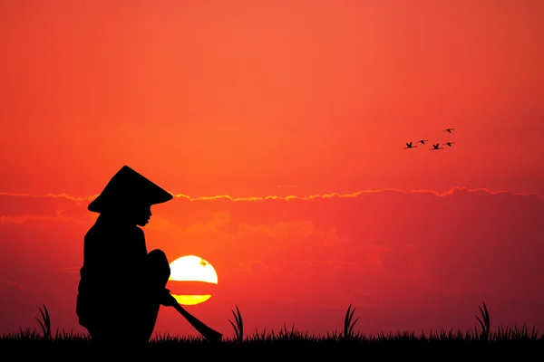 Aziatische boer bij zonsondergang — Stockfoto