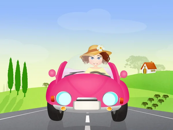 cute girl on pink car