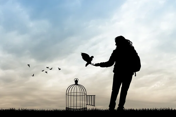 Girl and bird cage at sunset — Stock Photo, Image