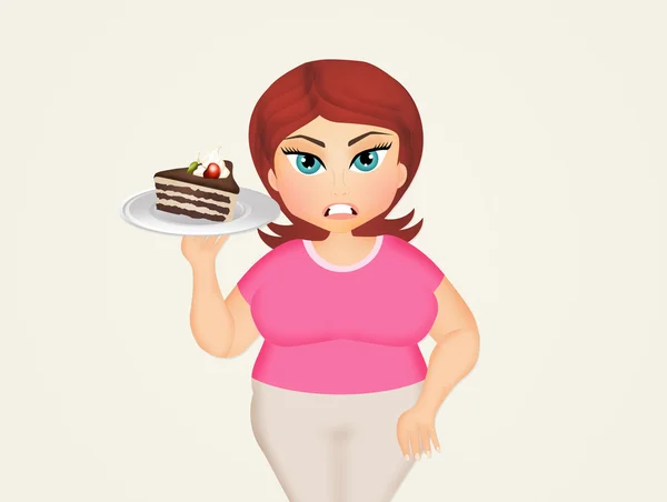 Overweight woman with pie — Stock Photo, Image