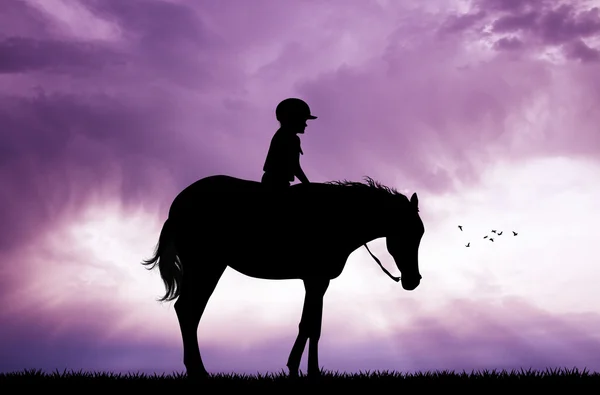Дитина на коні на заході сонця — стокове фото