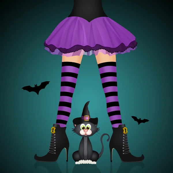 Gambe di strega e gatto nero per Halloween — Foto Stock