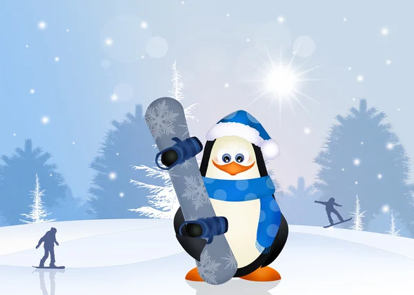 Penguin with snowboard — Stock Photo, Image