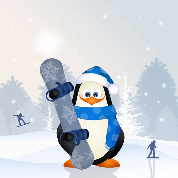 Penguin with snowboard — Stock Photo, Image