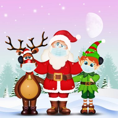 Noel Baba, ren geyiği ve cerrahi maskeli elf.