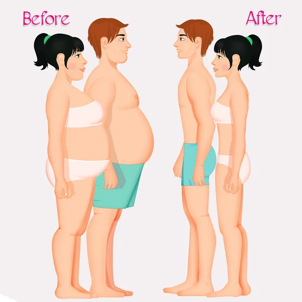 Ilustração Casal Obeso Antes Depois Dieta — Fotografia de Stock