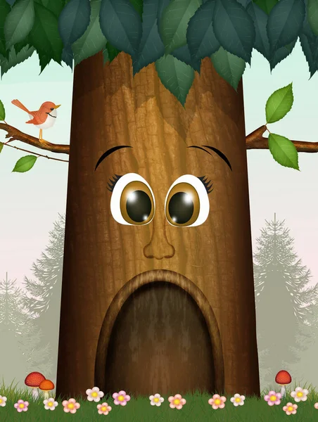 illustration of tree with funny face in the wood