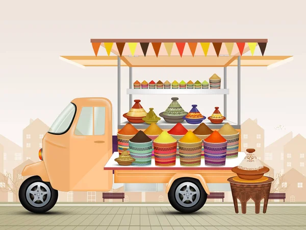 funny illustration of street pickup truck selling Moroccan spices