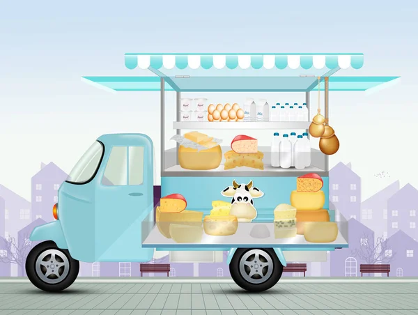 街头小货车出售奶酪的滑稽例证 — 图库照片