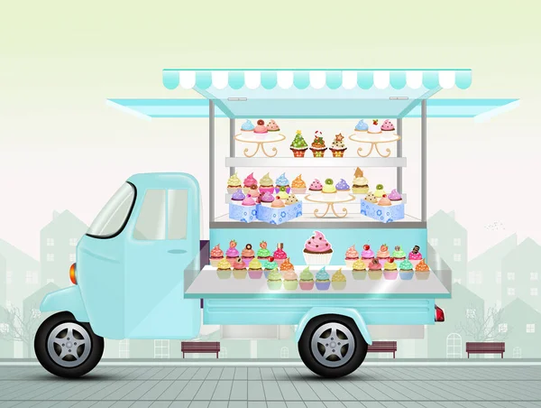 funny illustration of street pickup truck selling cupcakes