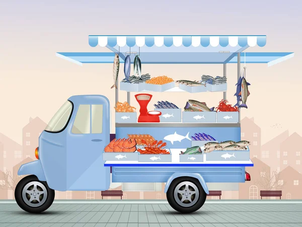 Ilustrasi Lucu Dari Truk Pikap Jalanan Menjual Ikan Stok Gambar