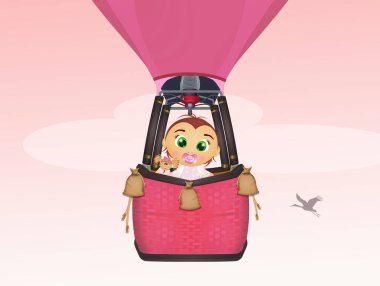 Sıcak hava balonundaki bebek dişinin komik bir çizimi