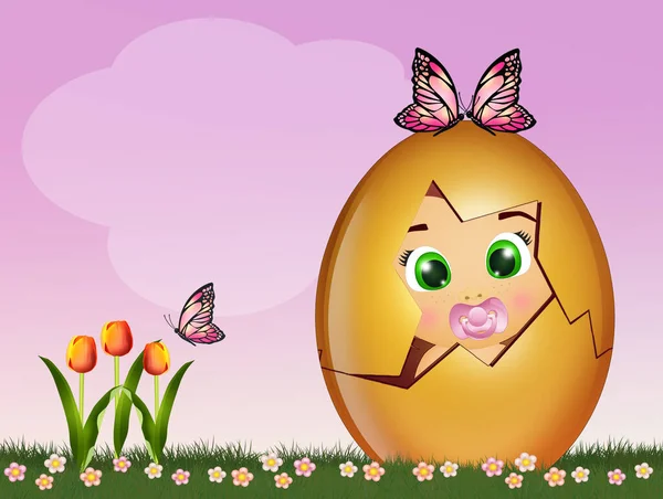 Illustration Baby Girl Easter Golden Egg — Stock Photo, Image