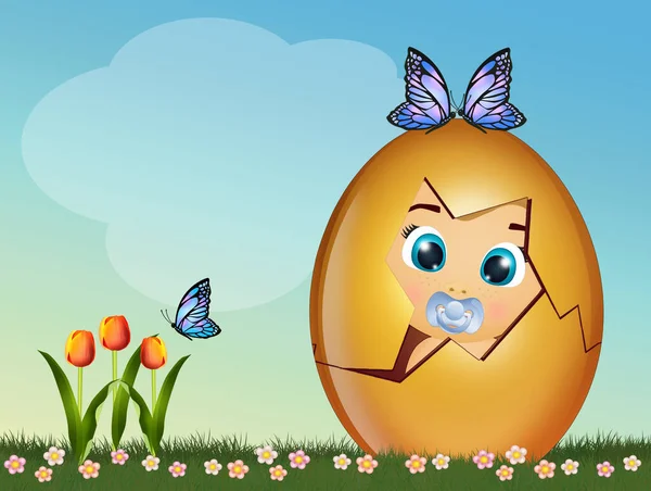 Ilustracja Małego Chłopca Wielkanocnym Złotym Jajku — Zdjęcie stockowe