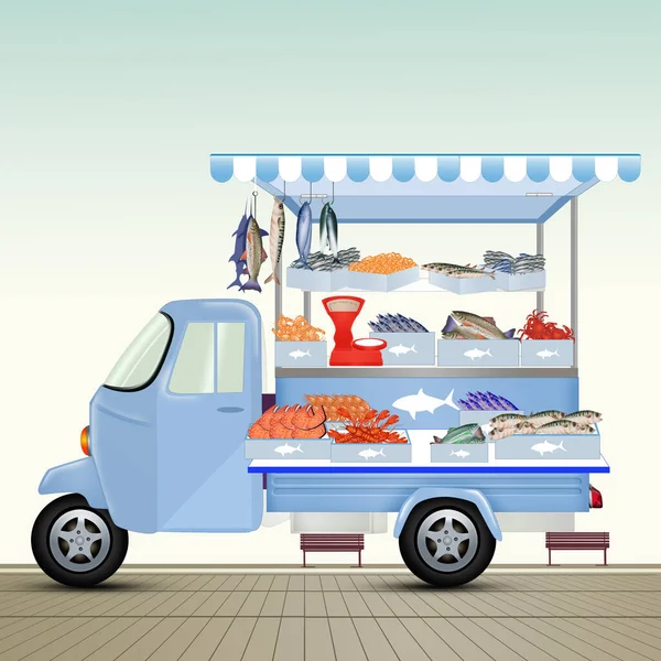 illustration of street pickup truck fishmonger