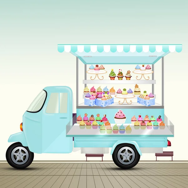 Ilustrace Pouličního Pickupu Prodávajícího Cupcakes — Stock fotografie