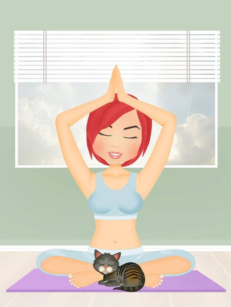 Illustration Flicka Meditation Med Kattunge — Stockfoto