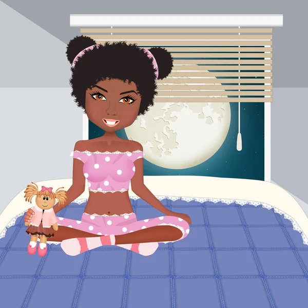 Ilustración Chica Negra Pijama Sentada Cama —  Fotos de Stock