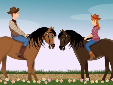 Çift birlikte ata biniyor.