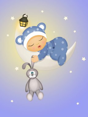 Pelüş tavşanlı uyuyan bebek çizimi