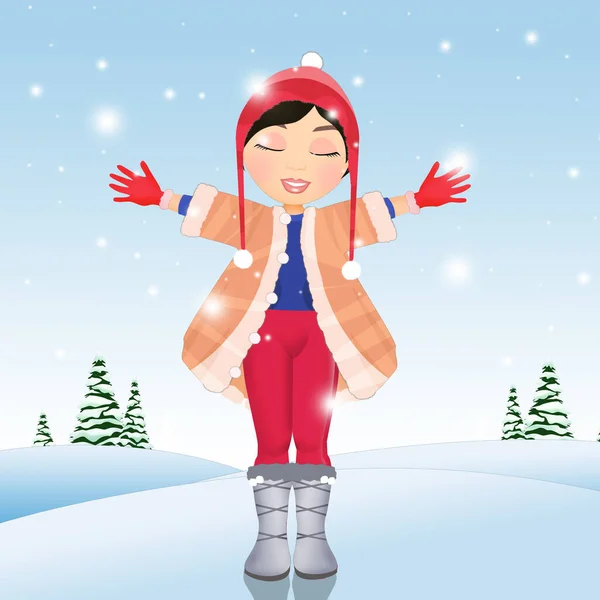 Illustration Petite Fille Hiver Sous Neige — Photo