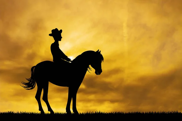 Ilustracja Człowieka Koniu Zachodzie Słońca — Zdjęcie stockowe