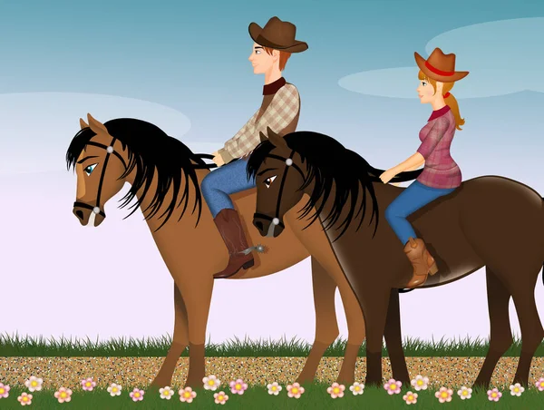 Illustratie Van Het Paar Gaat Paardrijden Samen — Stockfoto