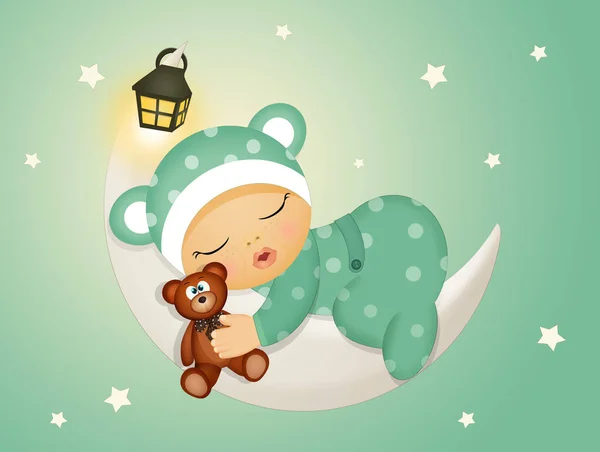 illustration of baby sleeping on the moon